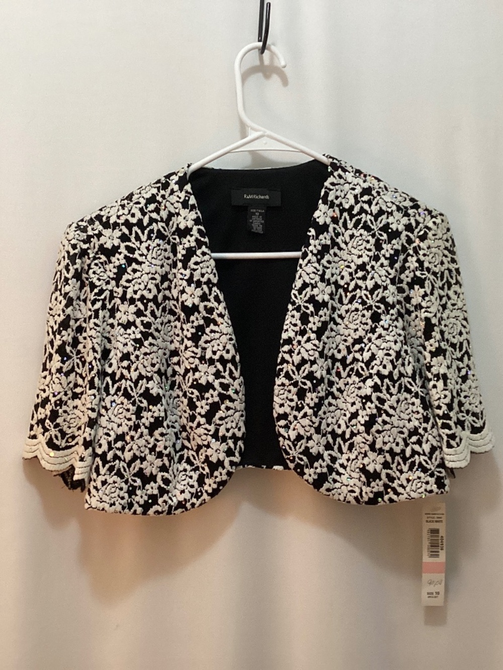 NWT Capelet Bolero Jacket R&M Richards Sz10 Black w/White Floral & Rhinestones